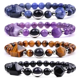 Natural Pyramid Facetter Stone Strand Armband Semi-ädelsten Stone Amethyst Rose Quartz Tiger Eye Pärled Yoga Obsidian Sodalite Beaded Armband Fashion Jewelry