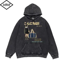 Mens Hoodies Sweatshirts WHWR Japanese Girl with Bag Graphic Printed Sweatshirt Vintage Wash Men Hoodies Casual Thicken Winter Pullover Mens Y2K Clothes 220921
