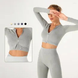 Spor Salonu Giyim 2 PCS Dikişsiz Kadın Yoga Set Egzersiz Spor Giyim Fitness Fermuar Uzun Kollu Mahsul Üst Yüksek Bel Teşhalli Kadın Takımları