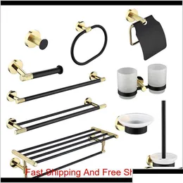 Badtillbeh￶r Set badrumsmaskinvara Black Robe Hook Gold Handduk Rail Bar Rack Ring Shelf Tissue Brass Paper Holder Otkuv