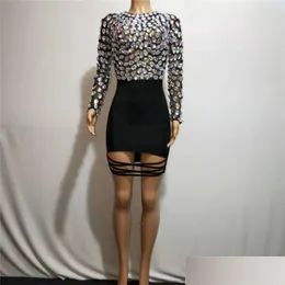 Party Dekoration Sexy Frauen Schwarz Mesh Strass Kurzes Kleid Big Stretch Kristallsteine Rock Einteiliges Bühnenkostüm Sängerin trägt Dhwng