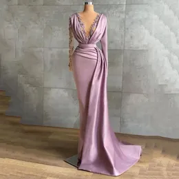 Purple Satin Meramid Party Dress Sexy V Neck Applique koronkowe długie rękawy sukienki balowe suknie wieczorowe vestidos de festa 322