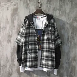 Mens Hoodies Sweatshirts Men Emo Harajuku Fashion Autumn Alt Hooded Collar Plaid Stitching Sweatshirt Japanese Hoodie Drawstring Oversized Hoodies 220921