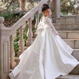 Vestidos de niña FATAPAESE Flor para niños Princesa de lujo Vestido de satén blanco Manga larga Ilusión Encaje con lazo Boda Fiesta de noche