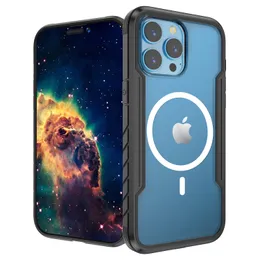 Magnetische Hüllen Defense Shield für iPhone 14 Plus Pro Max, durchsichtiges kabelloses Laden, Aluminium-Stoßschutzhülle, Stoßschutzhülle in Militärqualität mit Box