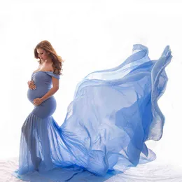 أمومة فساتين جديدة للتصوير الأمومة الدعامة الحمل القطن القطن شيفون الأمومة قبالة الكتف نصف دائرة ثوب التقاط الصور الحوامل اللباس J220915