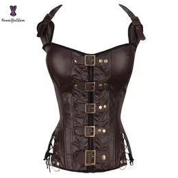 Waist Tummy Shaper Punk Style Halterneck Basque Corselet Women Body Lace Up Boned Corset Black Brown 901# 220921