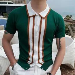 Men's Casual Shirts British Style Summer Man Sleeve Stripe Shirt Men High Quality Knitted Slim Cardigan Lapel Button Tee Shirt Top 220921