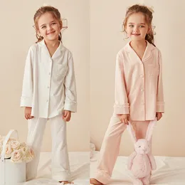 Pajamas Childrens Girls Lolitaターンダウンカラーパジャマセットコットントップパンツ幼児幼児レースパジャマセットガールスリープウェアラウンジウェア220922