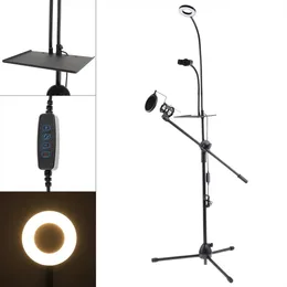 Multifunktion Live Broadcast Gooseneck mobiltelefonhållare Bracket stativ med mikrofonstativ Popfilter och selfie ringljus