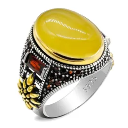 Cluster Rings 925 Sterling Silver Natural Onyx Ring for Men Male Women Turkish Jewelry with Oval Yellow Agate Stone Gold Vintage Birthday Gift 220921