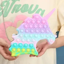 Push Bubble Fidget Toys Zero Wallet Handv￤skor Unicorn Crossbody Bag Finger Simple Dimple Silicone Rainbow Bubbles Fashion Midjev￤skor ZM922