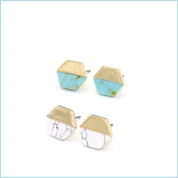 Stud Vintage Gold Color Hexagon White Green Turquoise Marble Earrings Natural Stone Stud Jewelry For Women 243 T2 Drop De Dhseller2010 Dhdeh