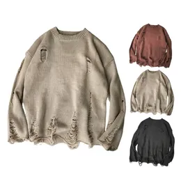 Men's Sweaters Men Wash Hole Ripped Knit Solid Color O Neck Oversized Couple Sweater Winter Cool Boy Clothes Streetwear 220922