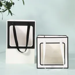 Gift Wrap 12PCS Large Size Transparent Window Square Bag Kraft Paper Gift Handbag Cake Flower Packing Bags Birthday Box Pouch with Ribbon 220922