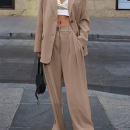 Women's Two Piece Pants ZANZEA 2pcs Elegant Women Suit Blazer Sets Office Thin Coat Tops Loose Trouser Suits Spring Solid Long Wide Leg Pants Sets 220922