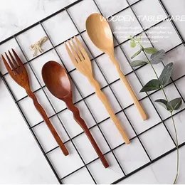 Flatware Sets 100set/lot Natural Wooden Spoon And Fork Set Kitchen Cutlery Salad Fruit Tableware Handmade For Children