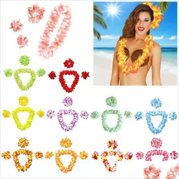 Parti Dekorasyonu 4pc Hawaiian Yapay Çiçekler Seti Leis Garland Kolye Plaj Yaz Tropikal Düğün Dekoru Accessorie Yydhhome Dhcgh