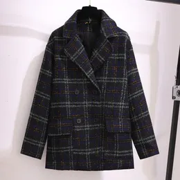 Frauen Plus Größe Oberbekleidung Mäntel 150Kg Herbst Winter Plaid Woolen Mantel Fehlschlag 159cm 6XL 7XL 8XL 9XL 10XL Lose Casual Anzug Kragen Jacke Blau 220922