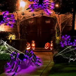 Other Festive Party Supplies 125CM Halloween Decoration Spider Oversized Luminous LED Plush Giant Web Home Bar Haunted House Prop Holiday Outdoor 220922
