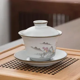 Cups Saucers Chinesische Stil 130 ml Keramik bedeckte Schüssel handgedruckte Landschaftsmalerei Frucht Teetasse Home Office El Kungfu