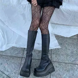 부츠 여성의 중간 송아지 2022 패션 여성 웨지 신발 둥근 발가락 지퍼 앙이드 악마 슈퍼 하이힐 플랫폼 Y2209