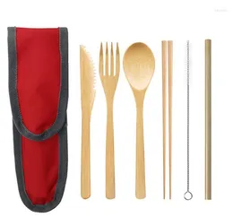 Besteck-Sets, Bambus-Besteck, Messer, Gabel, Löffel, Strohhalm, tragbar, für Picknick im Freien, umweltfreundliches Geschirr-Set
