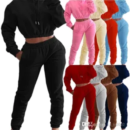 2022 Autumn Winter Women Plush Tracksuits Sweatsuits Hooded Crop Top Jogging Sweatpants Hoodie Tvådelat Set