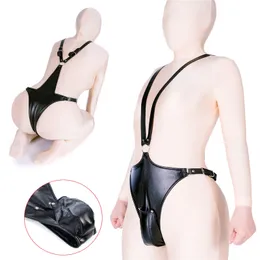 Briefs Panties Sexy Lingerie Black Men Leather Thong With V-shaped Straps Open Penis Pouch BDSM Bondage Cock Cage Chastity Panty Erotic Costume 220922