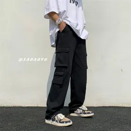 Men's Pants White Black Cotton Cargo Fashion Multipocket Casual Streetwear Loose Hiphop Straight s Trousers 220922