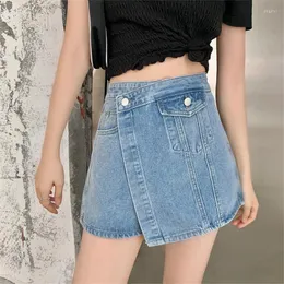 Kvinnors shorts kvinnors sommar denim kort kjol kvinnor fickor hög midja jeans koreansk mode chic mini saia jupe femme