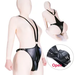 Briefs Panties Men Leather G Strings Thong With V-shaped Straps Open Penis Pouch SM Bondage Cock Cage Chastity Panty Club Costume Sexy Lingerie 220922