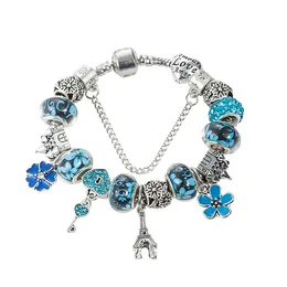 Rosa-blaues Charms-Turm-Anhänger-Armband für Damen und Mädchen, modischer Party-Schmuck mit Originalverpackung für Pandora Sterling-Silber plattiertes Schlangenketten-Armband-Set