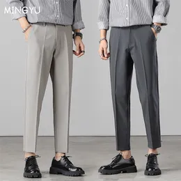 Herrbyxor varum￤rke Summer Anklelength Pants Men Stretch Business Suit Classic Black Grey Korea Straigh Casual Formal Trousers Man 220922