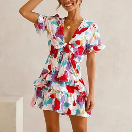 Casual Dresses Design Good Quality Factory Price Fashion Selling Women's Bowknot Short-Sleeved Print Stitching Ruffle Dress 2022