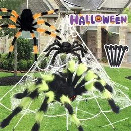 Odzysku dla psów Giant Spider Ogromne Web Halloween Dekoracja Propiatory Nawiedzone na zewnątrz Upiorne pluszowe duże Araneid Prank Trick Supplies 220921