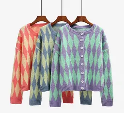 여자 스웨터 디자이너 니트 카디건 아가일 프린트 레이디 풀 오버 새로운 싱글 가슴 느슨한 탑 긴 소매 스웨터