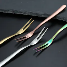 Gold Rainbow Fruit Fork Rostfritt stål Hemma kök Mattor Fatwer Birthday Cake Ice Cream Dessert Forks Cutsly Tool