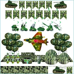 Decorazione per feste Forniture a tema militare Tovaglia mimetica Stoviglie Piatto da pranzo verde militare per compleanno di guerra Nerdsropebags500Mg Dh7Uf