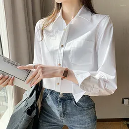 Women's Blouses White Shirt Women's Top 2022 Spring Loose Long Sleeves Pockets Solid Drop Button Up Blusas Female Vintage 0139