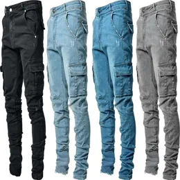 Mens Jeans est Europe Jeans Men Pencil Pants Casual Cotton Denim Ripped Distressed Hole Fashion Pants Side Pockets Cargo 220922