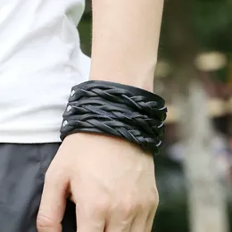 Bracciale rigido in pelle intrecciata a righe larghe Polsino avvolgente multistrato Bracciale regolabile da polso per uomo donna Gioielli di moda nero