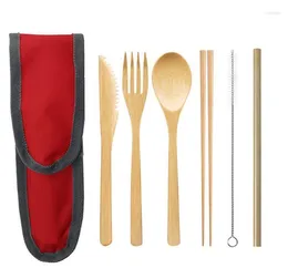 Flatvaruuppsättningar bambu bestick knivgaffel sked kit halm bärbar utomhus picknick ekovänlig tabellsuppsättning SN3418