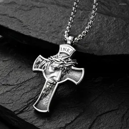 Pendant Necklaces Fashion Retro Jesus Cross Face Men's Necklace Stainless Steel Box Chain For And Women's Charm Jewelry