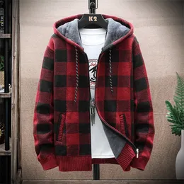Men's Sweaters Autumn Korean Hooded with Thick and Velvet Cardigan Knitted Coat Grid Jacket Male M-4XL 8668 220922