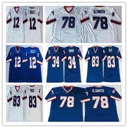 WSKT Men barato Retro Jim 12 Kelly Thurman 34 Thomas 78 Bruce Smith 83 Andre Reed camisas de futebol vintage STICTHED BLANCE BRANCO S-3XL