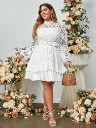 زائد الفساتين الحجم البسيط خريف الفوانيس الأكمام المكتب الأنيقة فستان أبيض الدانتيل حزام جوف