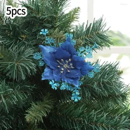クリスマスの飾りキラキラ花の花ロイヤルブルーシルバー5pcs美しい装飾