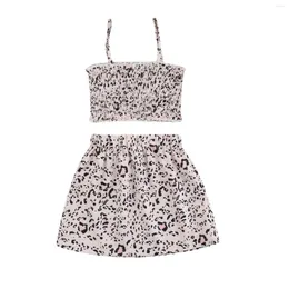 Set di abbigliamento Neonato Bambini Baby Stampa leopardata Set di vestiti Ragazze senza maniche Orlo con volant Top corto Gonna corta in vita elastica 6M-3T