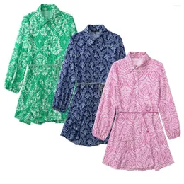 Women's Blouses Clothland Women Sweet Print Shirt Dress Tassel Tie Long Sleeve Pink Green Blouse Chic Casual Tops Mujer LA485